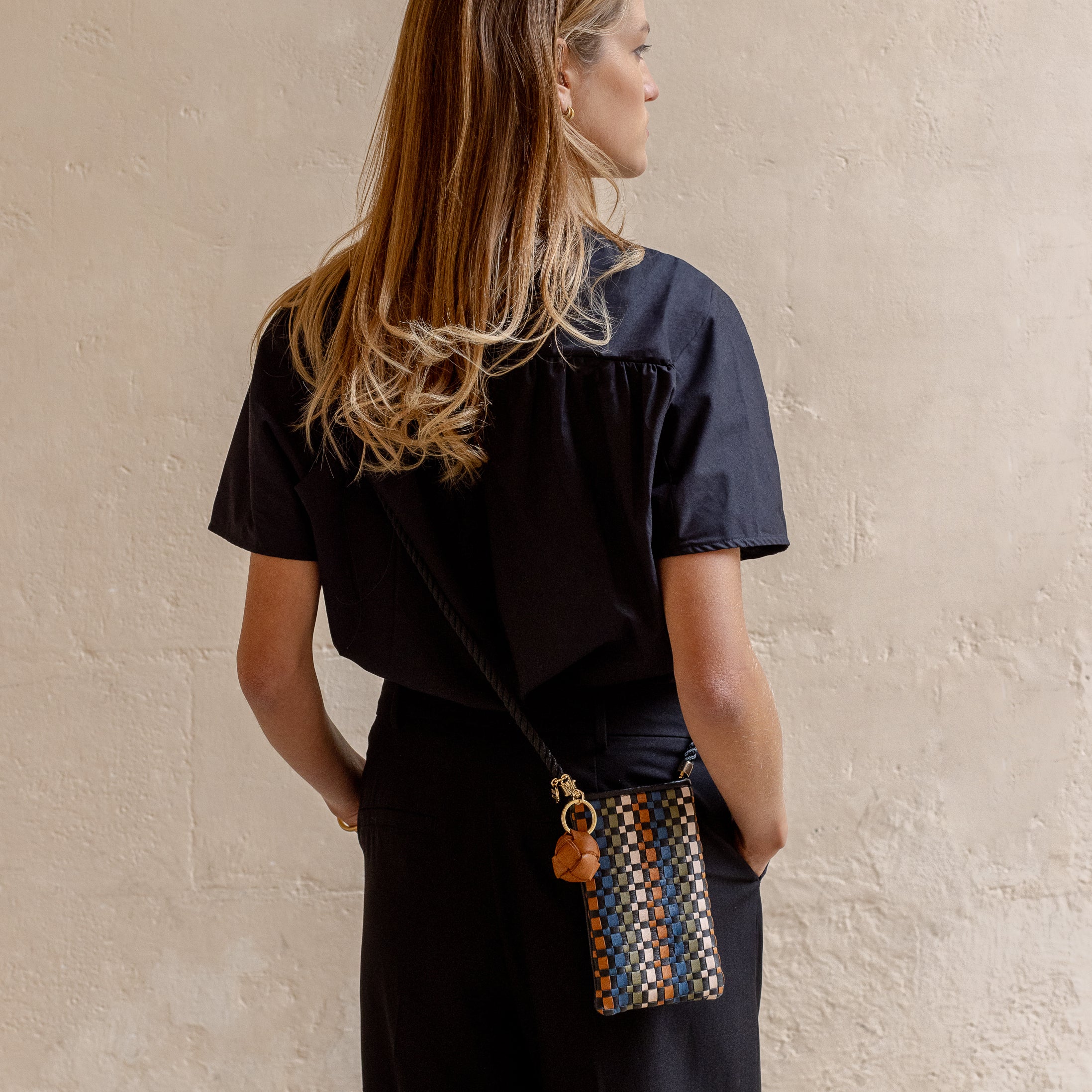 Berawa Crossbody Phone Pouch – Handwoven Nappa Leather (Bracken Multi)