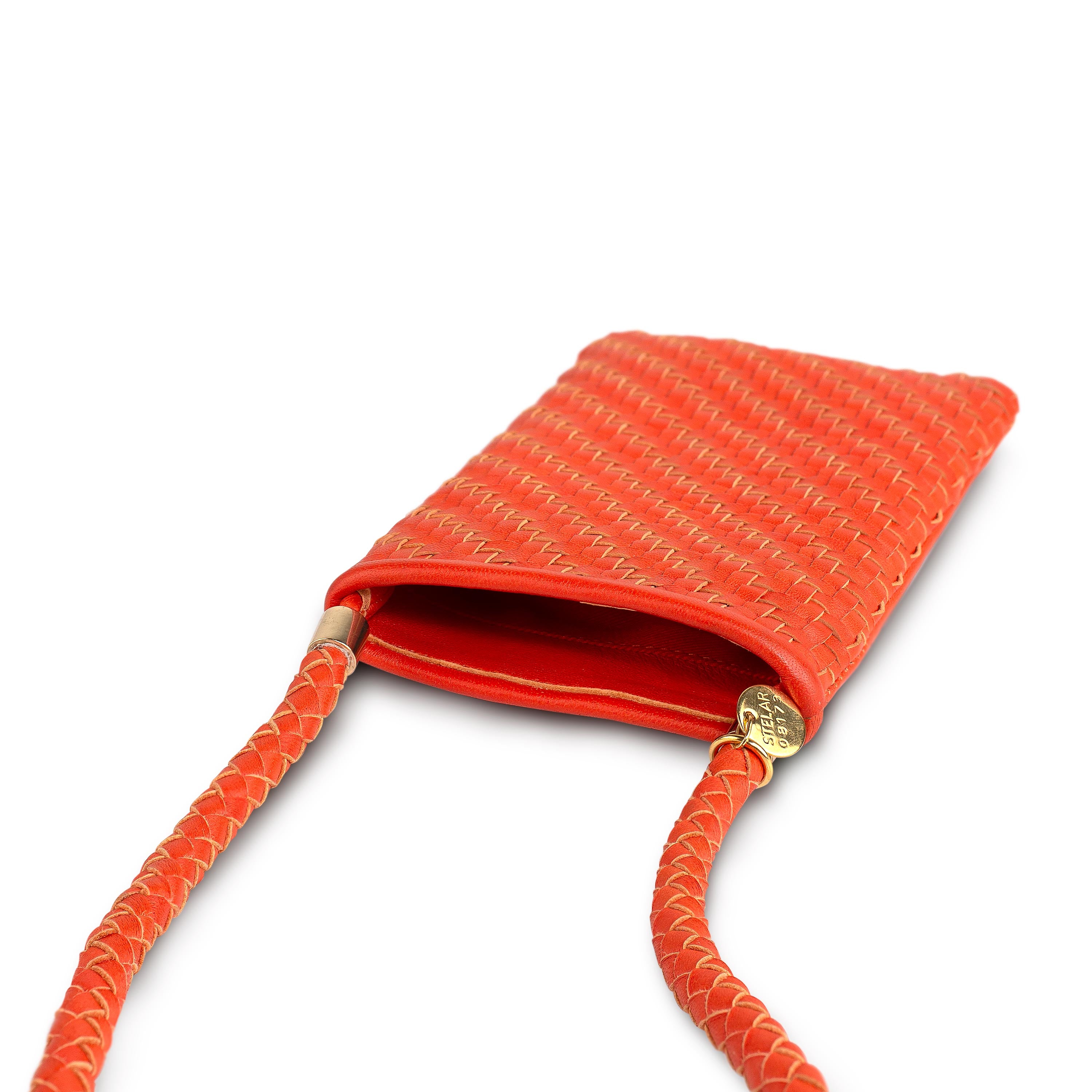 Berawa Crossbody Phone Pouch – Handwoven Nappa Leather (Hot Coral)