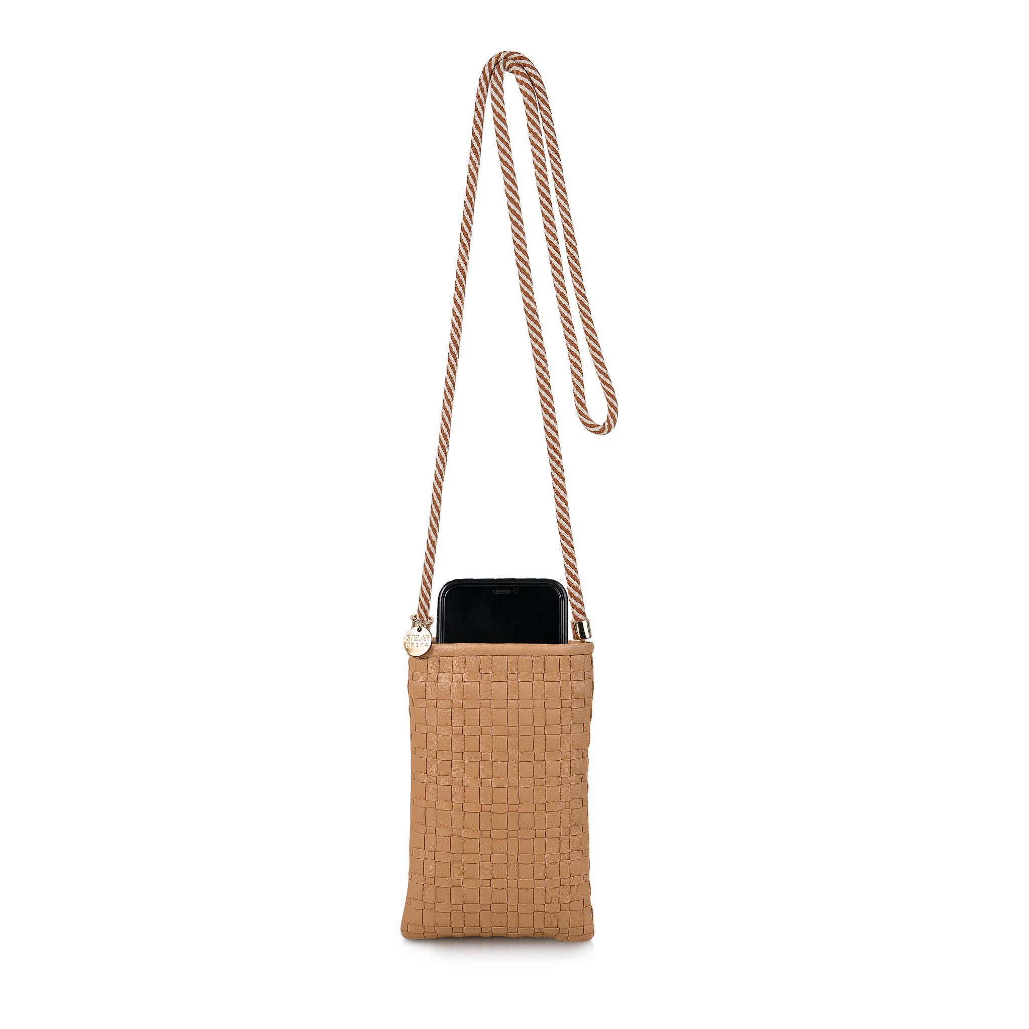 Berawa Crossbody Phone Pouch – Handwoven Nappa Leather (Camel)