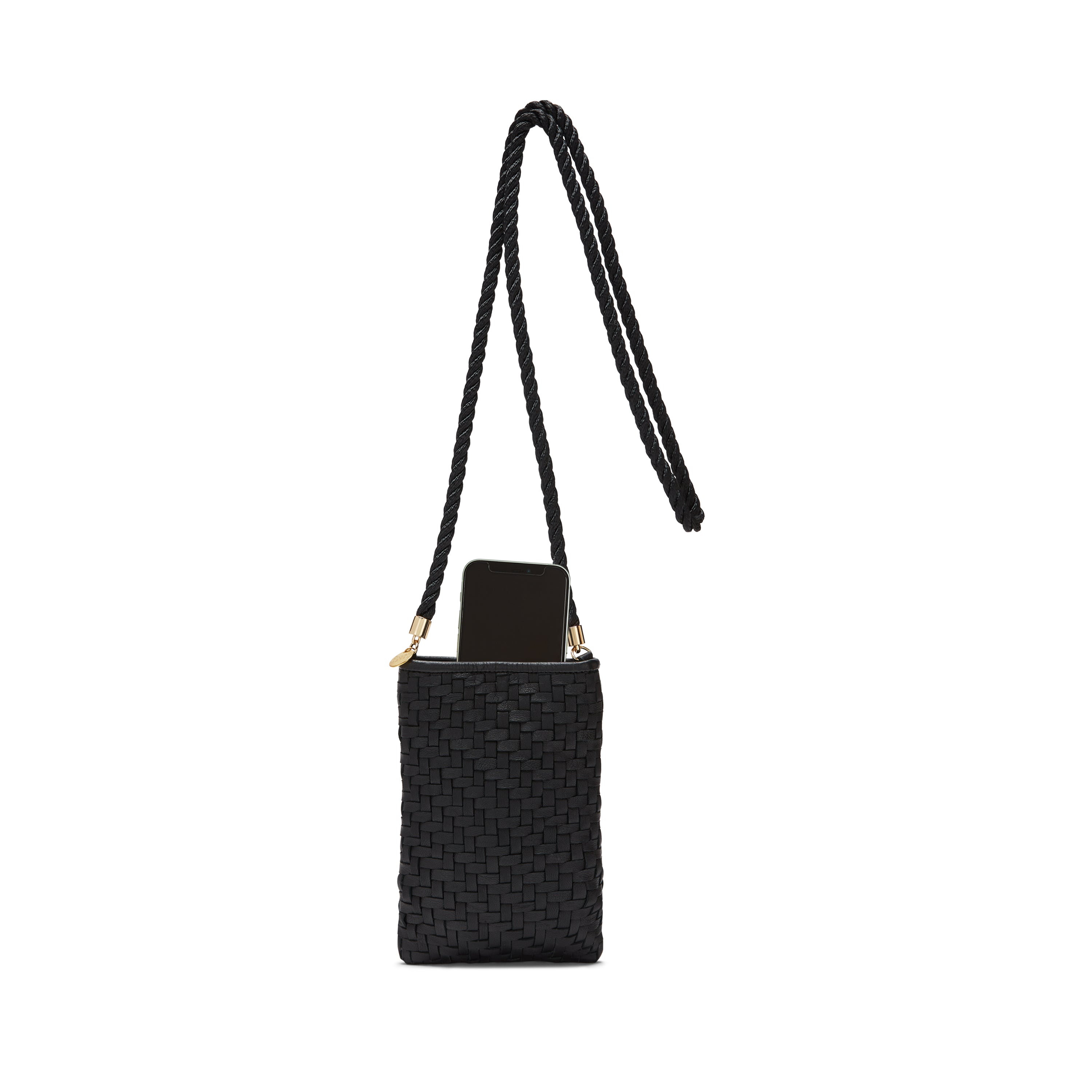 Berawa Crossbody Phone Pouch – Handwoven Nappa Leather (Nightfall Black)