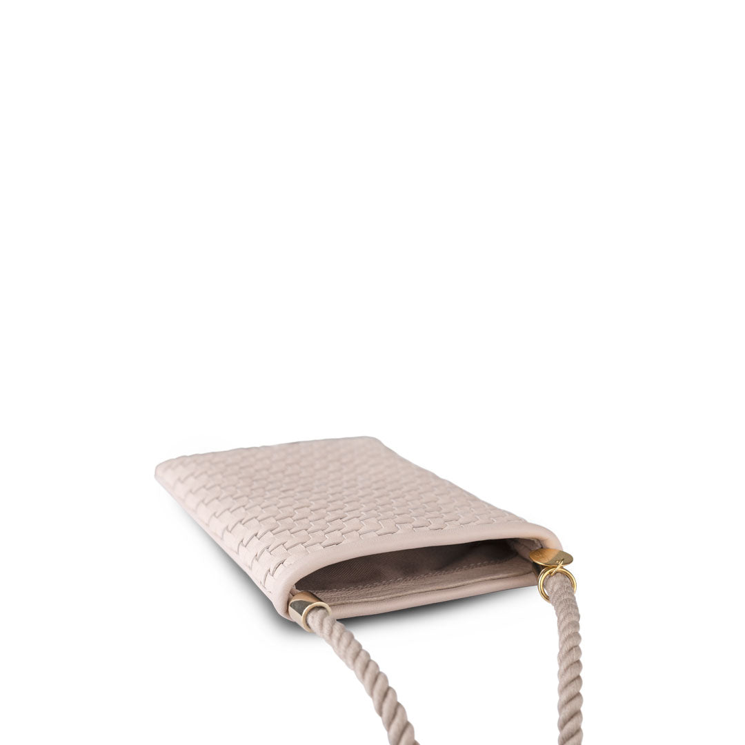 Berawa Crossbody Phone Pouch – Handwoven Nappa Leather (Limestone)