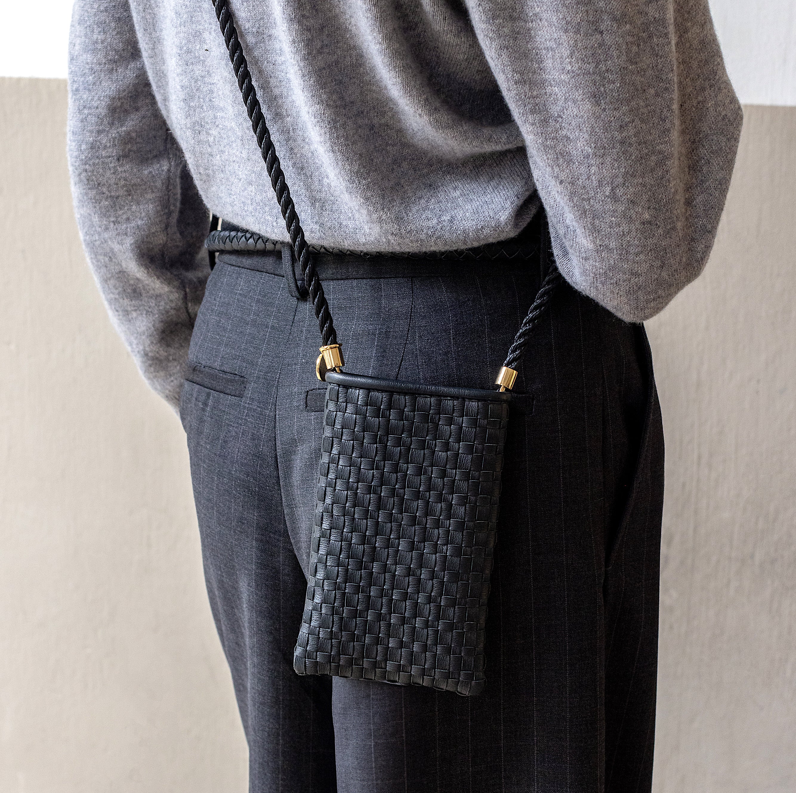 Berawa Crossbody Phone Pouch – Handwoven Nappa Leather (Nightfall Black)