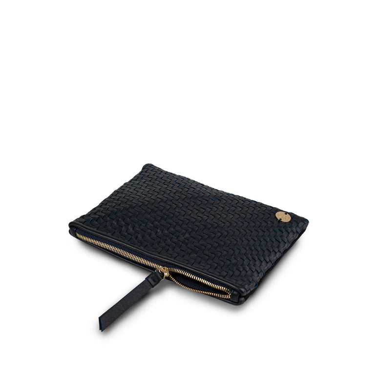 Hal Travel Pouch – Handwoven Nappa Leather & Cotton Canvas (Midnight Blue)