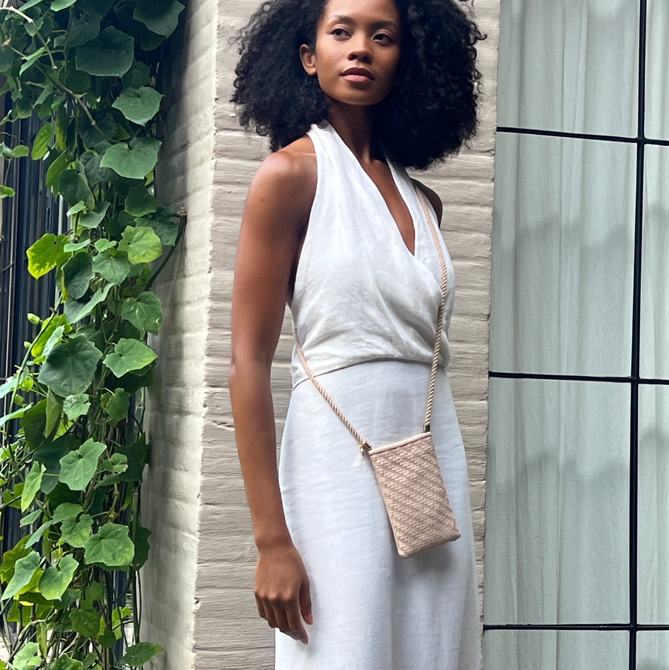 Berawa Crossbody Phone Pouch – Handwoven Nappa Leather (Limestone)