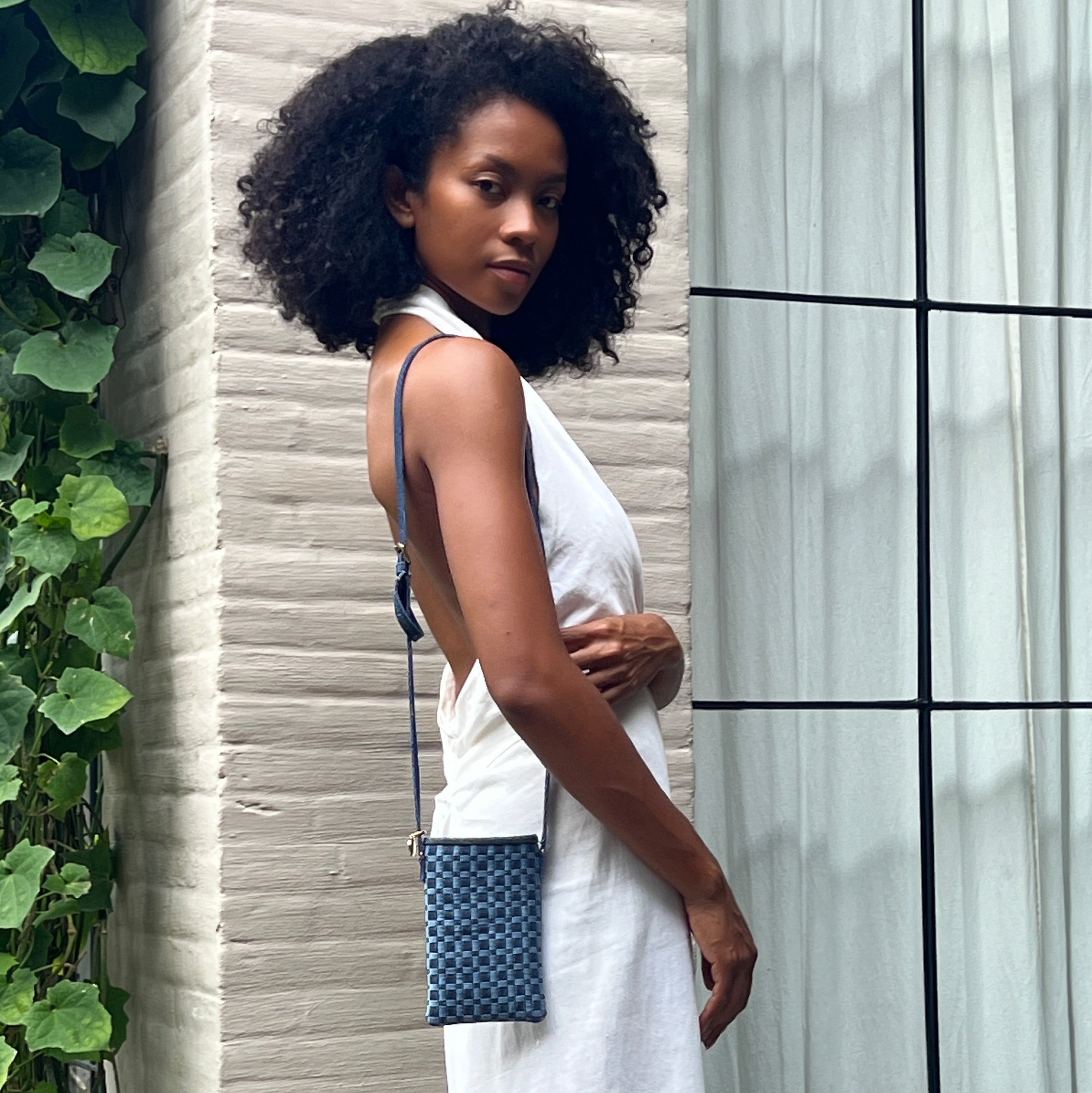 Berawa Crossbody Phone Pouch – Handwoven Repurposed Denim (Blue)