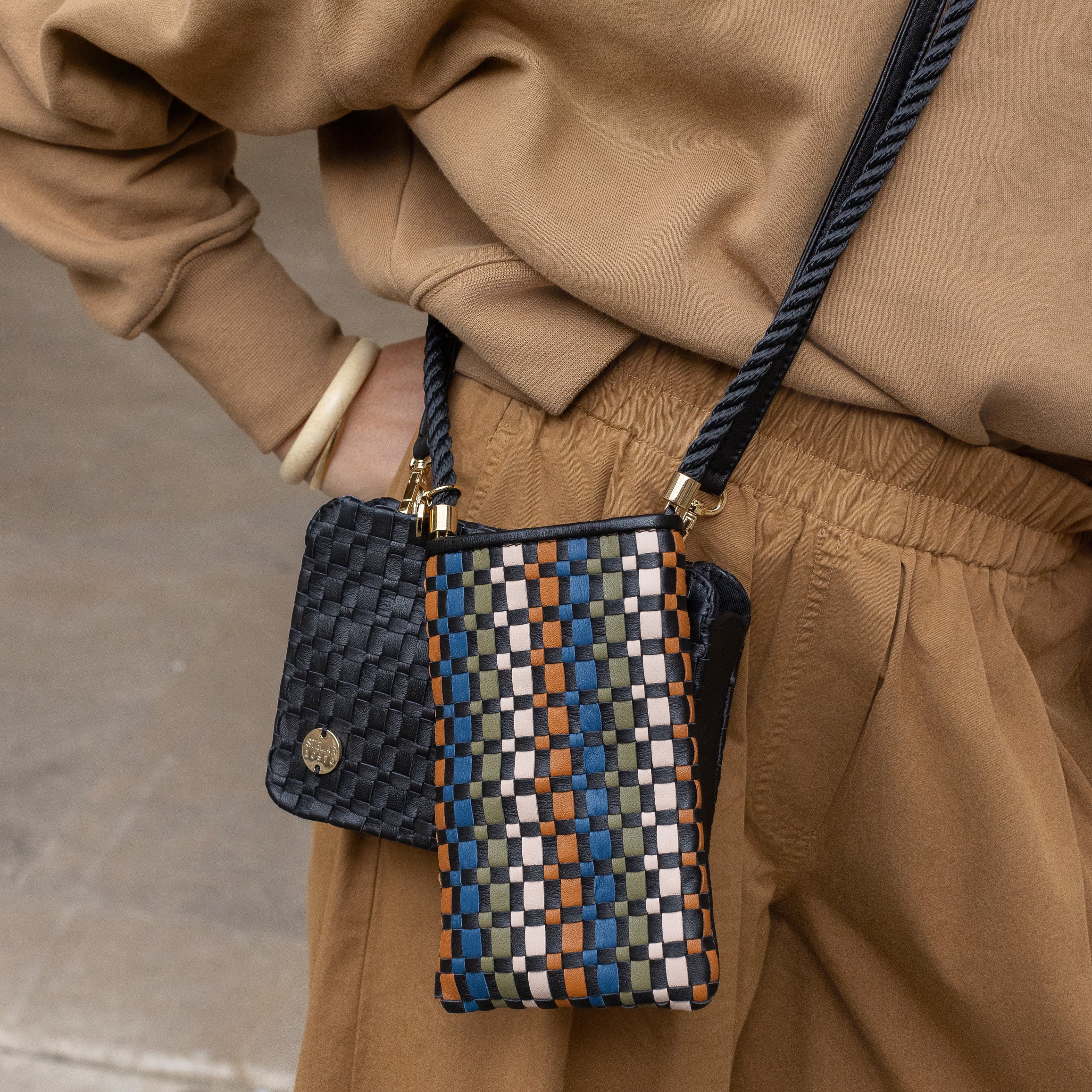 Berawa Crossbody Phone Pouch – Handwoven Nappa Leather (Bracken Multi)