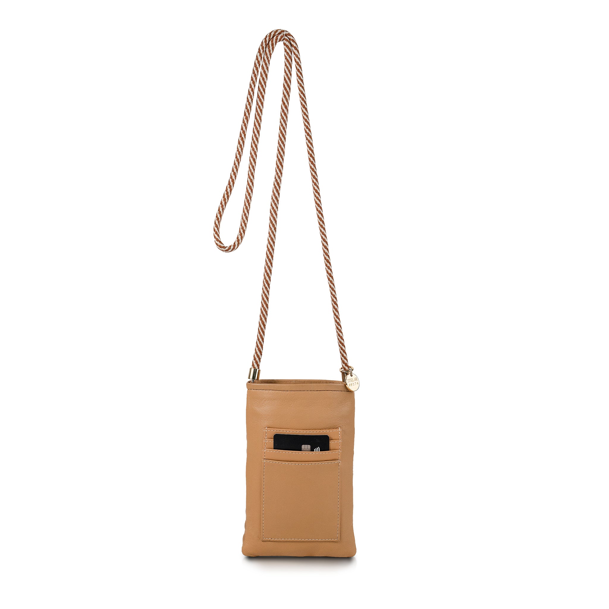 Berawa Crossbody Phone Pouch – Handwoven Nappa Leather (Camel)