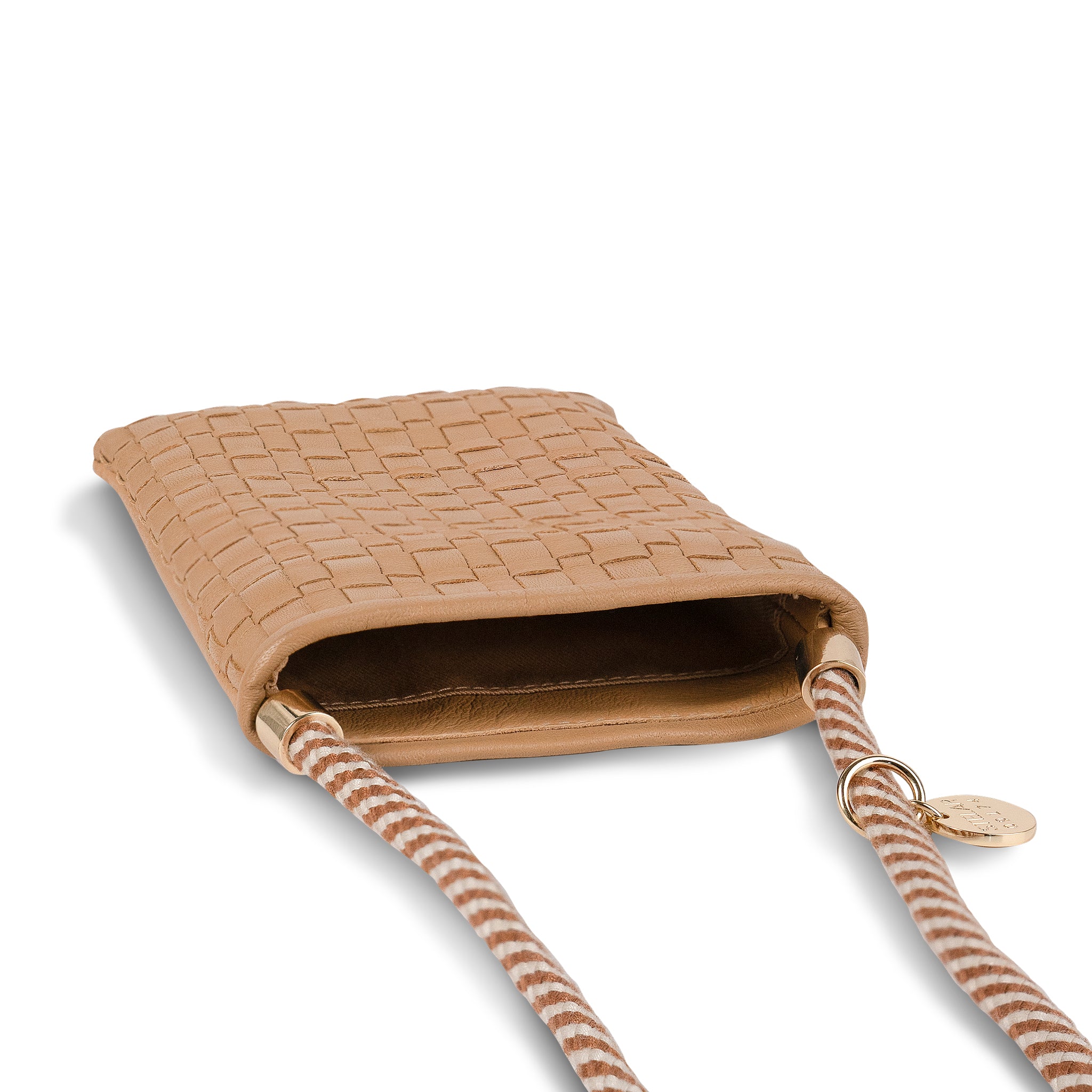 Berawa Crossbody Phone Pouch – Handwoven Nappa Leather (Camel)