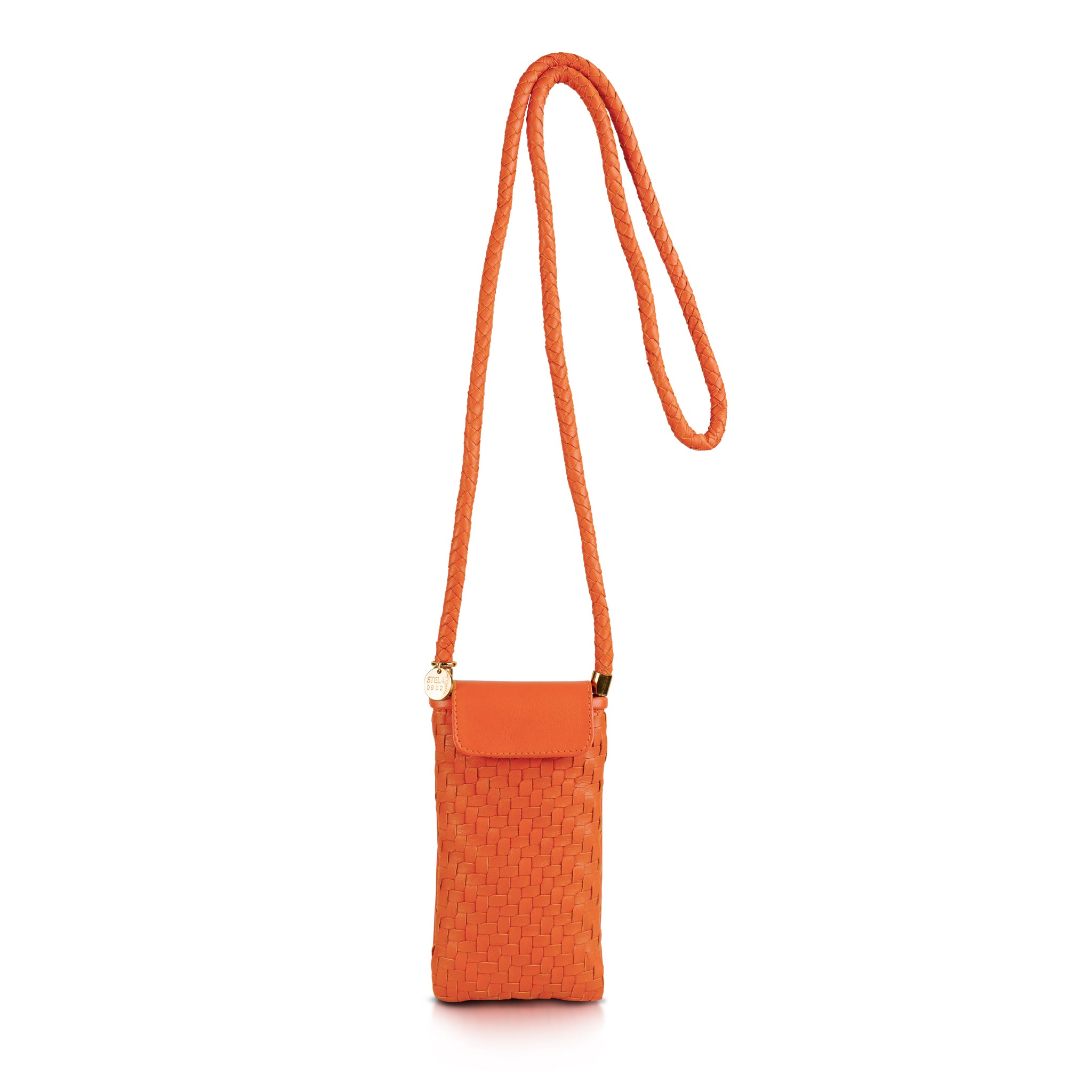 Orange crossbody bag with a strap on a white background